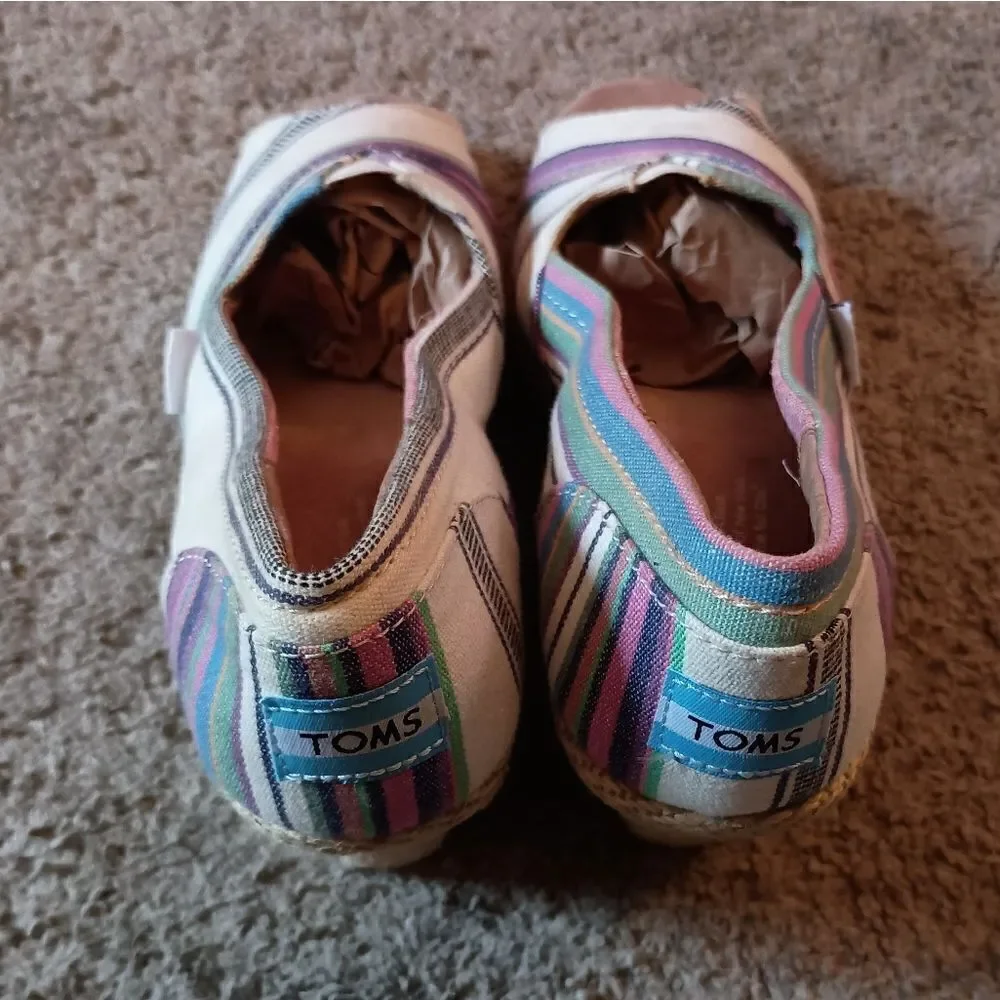 TOMS Women's Classic Espadrille Wedge Sandal Open Toe Striped Woven 7.5 PREOWNED